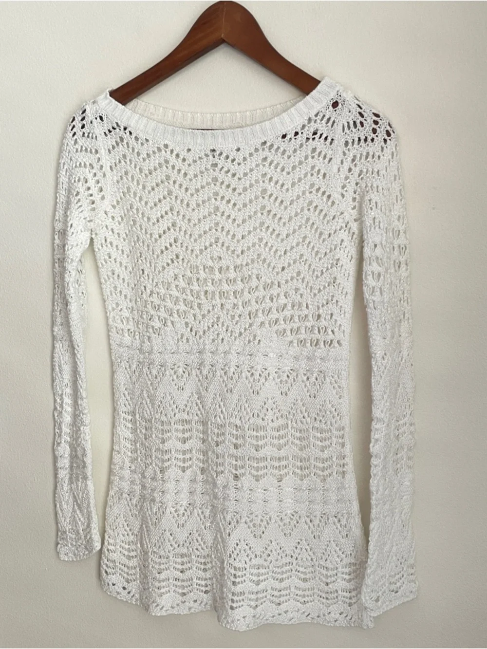 Caché White Crochet Open Knit Sweater Size XS Boatneck Boho Summer Cottagecore